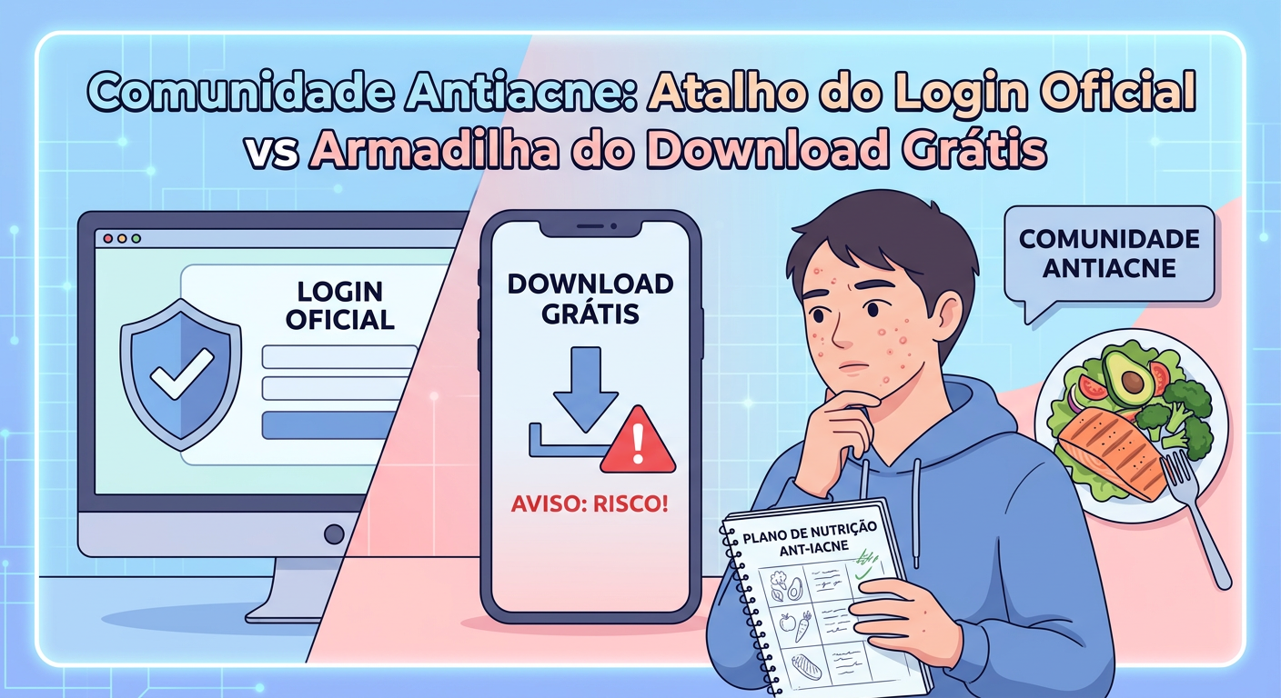 Illustration of official login versus free download trap for Comunidade Antiacne, featuring a young adult with acne, nutrition plan, and community chat.