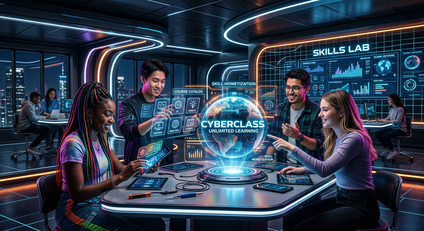 (Peter Jordan) CyberClass: A primeira venda acontece em quanto tempo? 1 https://cursoss.com.br/cyberclass-acesso-total-cursos-online/ Ilustração de um ambiente de aprendizagem futurista com telas holográficas representando o CyberClass, plataforma de cursos online com acesso ilimitado
