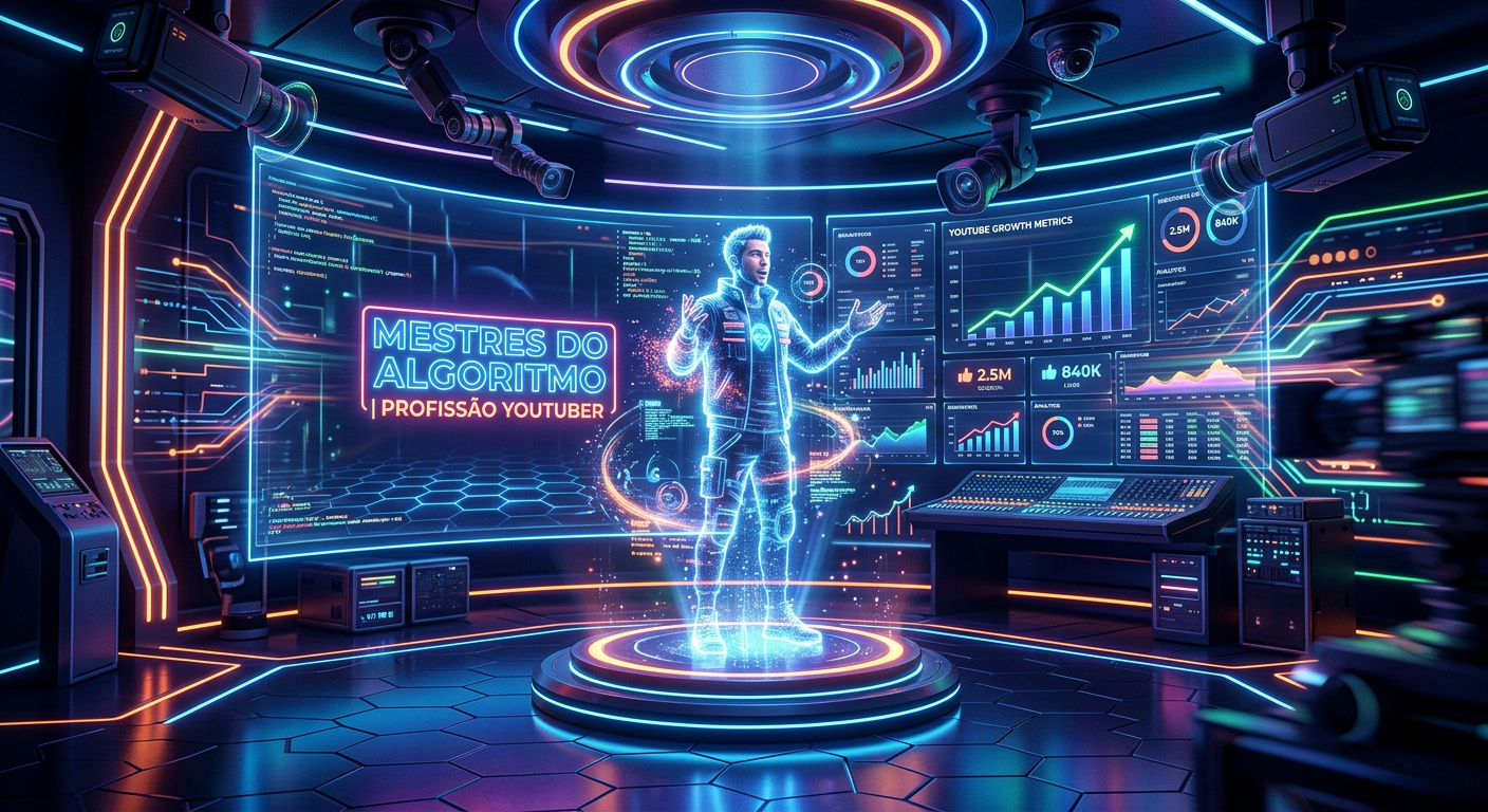 Erro de Processamento: Título Não Encontrado 1 https://cursoss.com.br/mestres-do-algoritmo-youtuber/ Estúdio de criação de conteúdo digital com gráficos de algoritmo e holograma de apresentador.