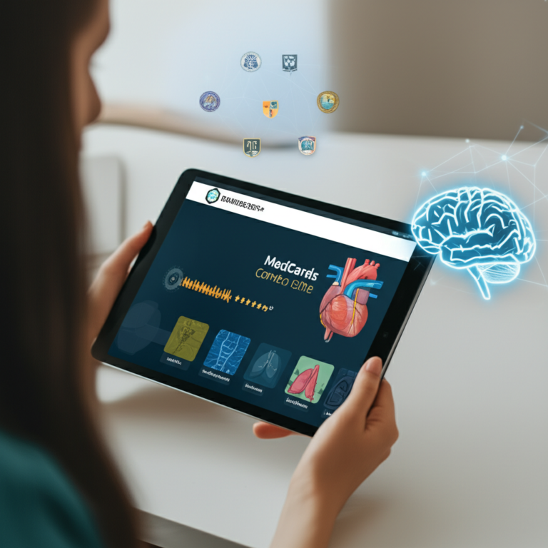 Erro de Processamento: Título Não Encontrado 6 https://cursoss.com.br/catalogo-de-cursos/page/176/ Estudante de medicina usando tablet com flashcards da Medcards Combo Elite, mostrando algoritmo de repetição espaçada e imagens médicas.