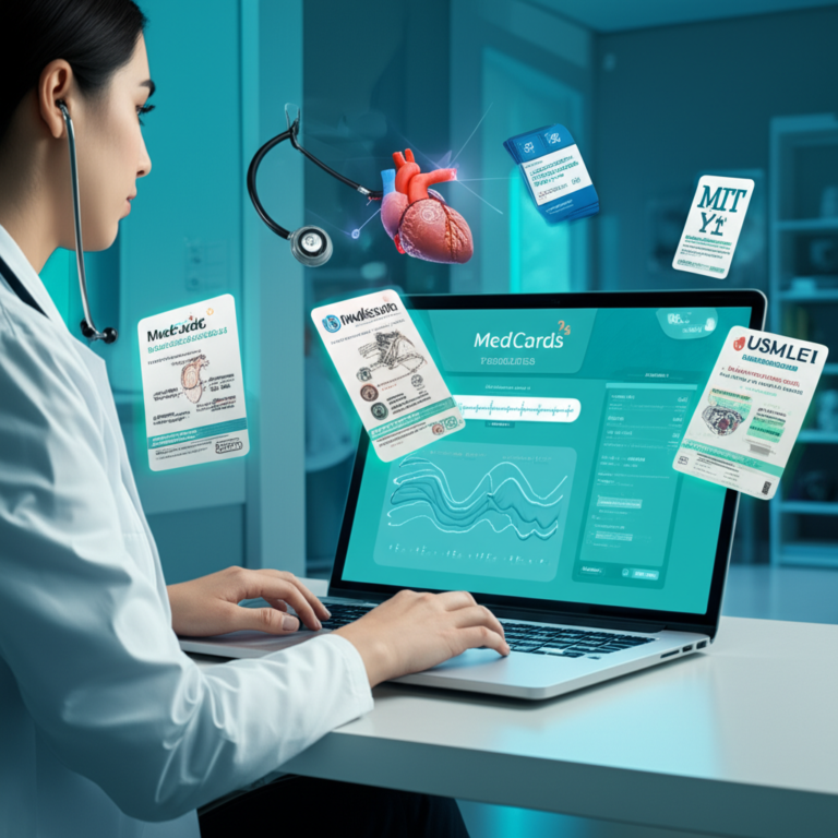 Erro de Processamento: Título Não Encontrado 3 https://cursoss.com.br/catalogo-de-cursos/page/176/ Medical student using the Medcards (Combo Elite) platform with flashcards, audio clips, and confidence‑based repetition dashboard on a laptop.