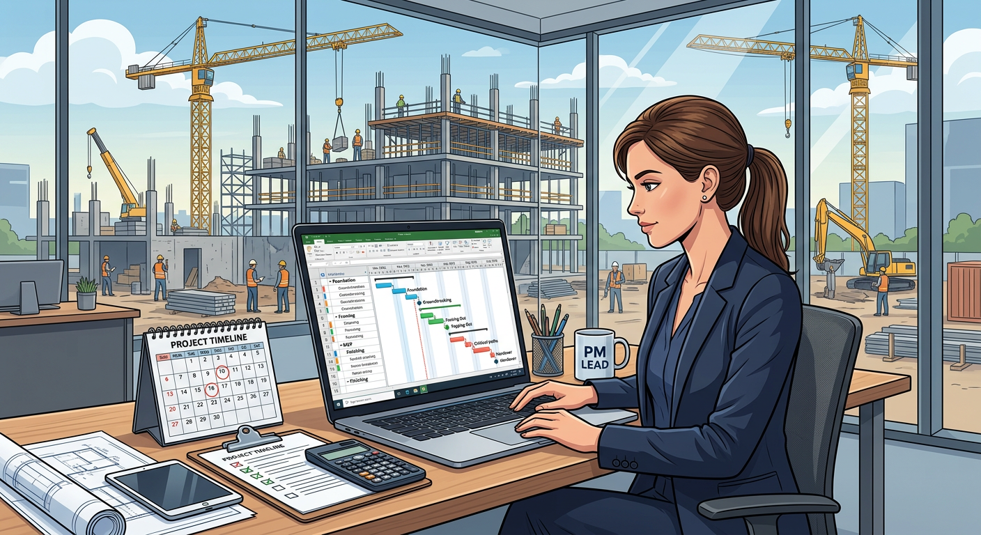 Erro de Processamento: Título Não Encontrado 1 https://cursoss.com.br/erro-processamento-titulo-nao-encontrado-2/ Project manager using MS Project to view a Gantt chart, with a construction site in the background.