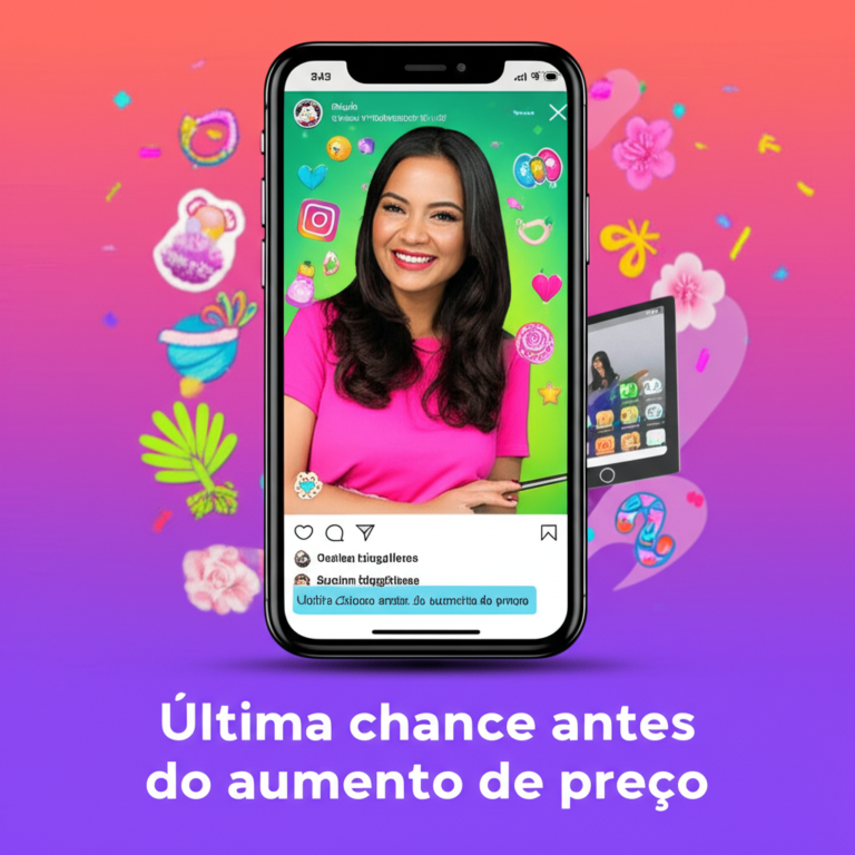 Ilustração de um smartphone mostrando um story do Instagram decorado com stickers e adesivos do Pack Stories Perfeitos, com a criadora Suelen Magalhaes ao fundo.