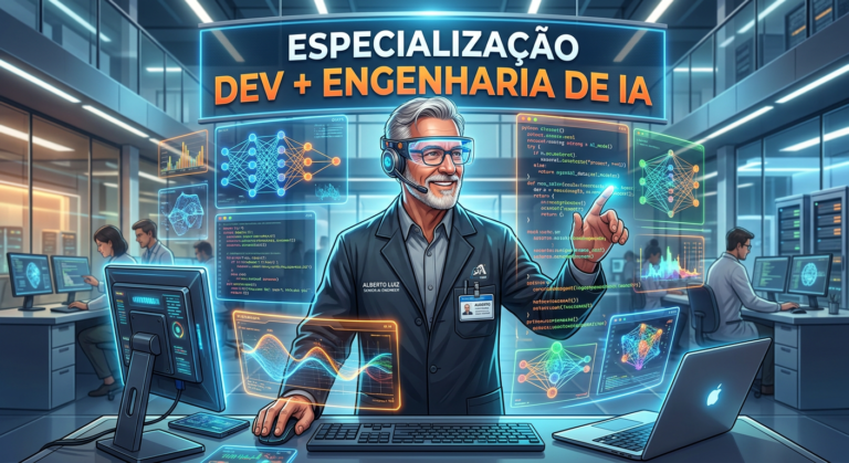 Alberto Luiz em laboratório de IA com hologramas de código e modelos de IA, segurando um tablet.