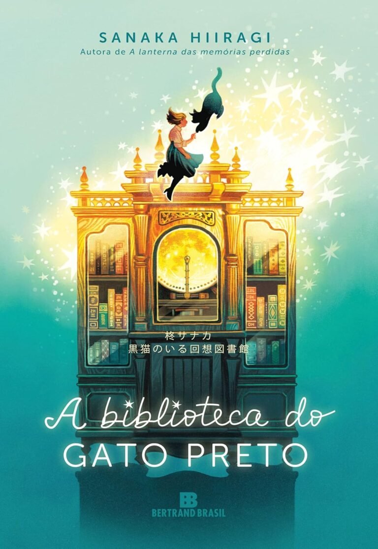 Cena mágica de uma biblioteca infinita com gato preto e protagonista em busca de cura emocional