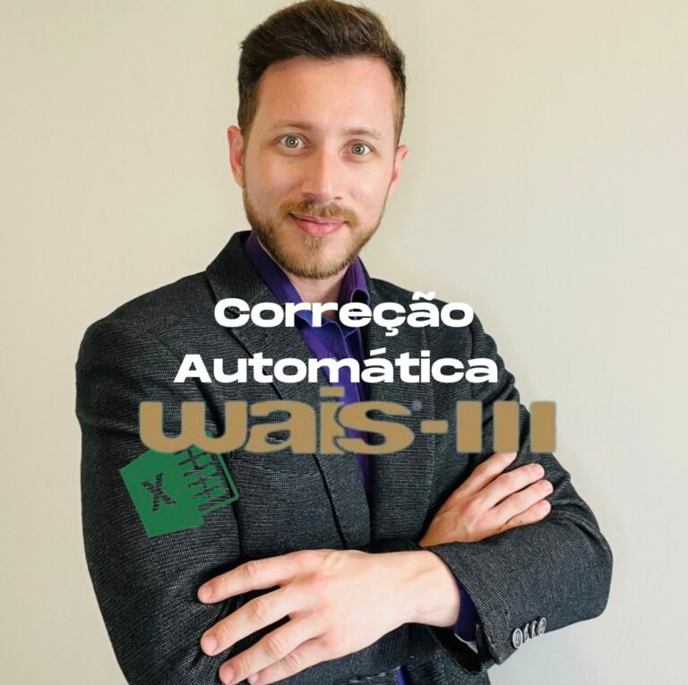 Planilha de correção automática do WAIS-III com tabelas americana e brasileira integradas, mostrando cálculos de QI e percentis em Excel