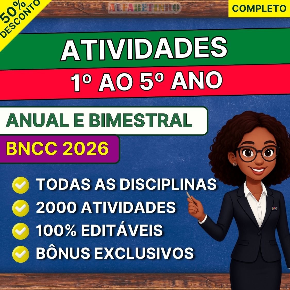 Pacote de atividades bimestrais alinhadas à BNCC 2026 para o 1º ao 5º ano, em PDF e Word editável, com bônus de planos e gabaritos