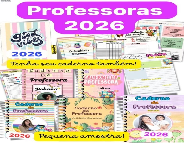 Imagem do Caderno da Professora 2026 com capa editável, calendário 2024, divisórias, e ferramentas de planejamento e sondagem diagnóstica