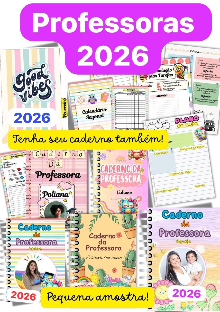 Capa editável do Caderno da Professora 2026 com foto, calendário 2024 e ferramentas de organização pedagógica