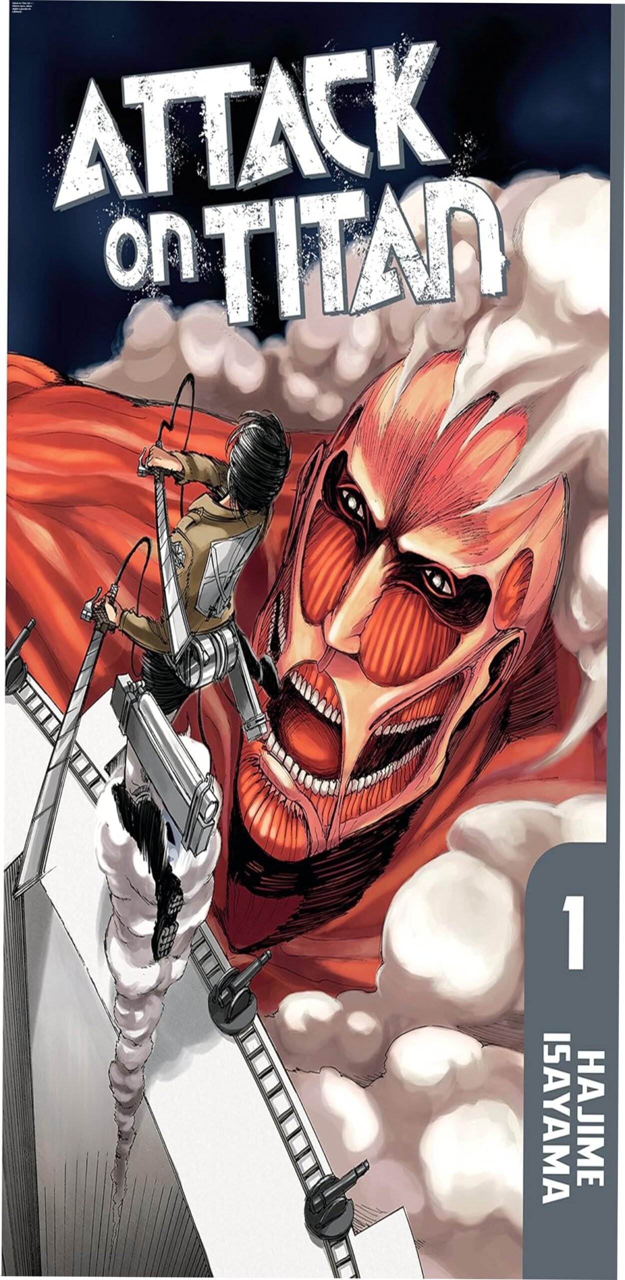 Capa do eBook Attack on Titan Volume 1 em inglês, arte de Hajime Isayama, mostrando titãs ameaçadores