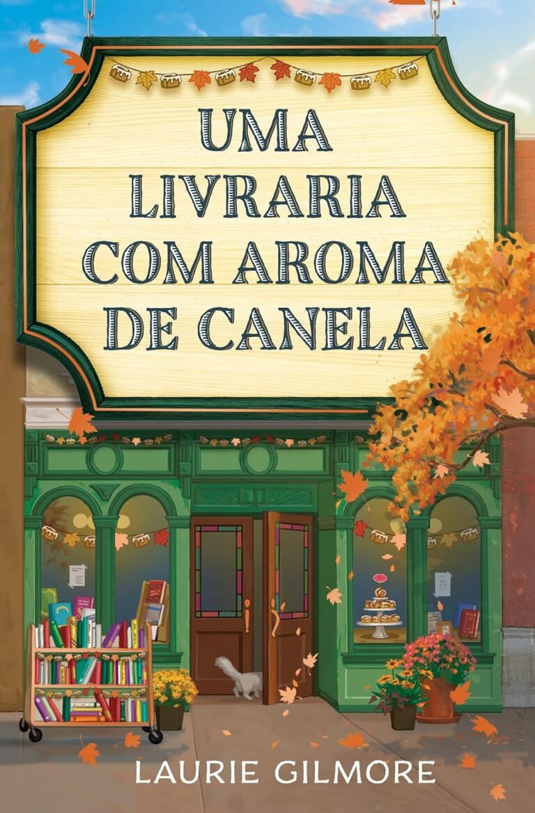 Capa do romance 'Uma livraria com aroma de canela' mostra uma livraria aconchegante com canela, vista do mar e a protagonista Hazel ao fundo