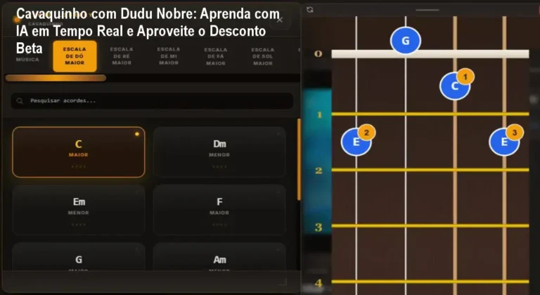 Aluno usando o curso de cavaquinho com Dudu Nobre no celular, recebendo correção de acordes em tempo real