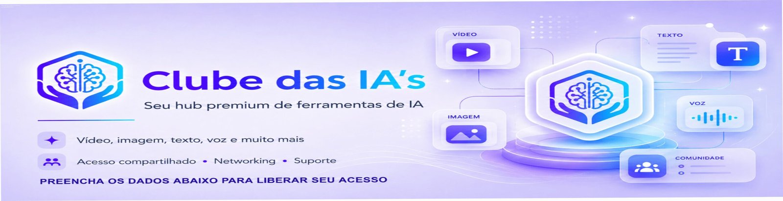 Imagem ilustrativa do Clube das IA's mostrando painel com ferramentas de IA de vídeo, imagem, texto e áudio em um hub centralizado