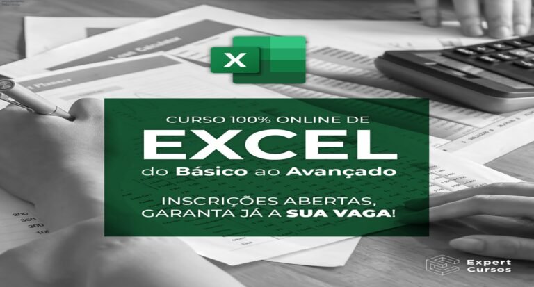 Imagem do Curso de Excel Expert mostrando planilhas avançadas, automação com IA e benefícios de produtividade para gestores