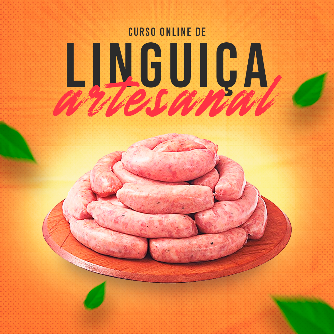 Capa do curso de linguiça artesanal mostrando produção manual de linguiças e embalagens com selo profissional ao lado do autor MR Virtus