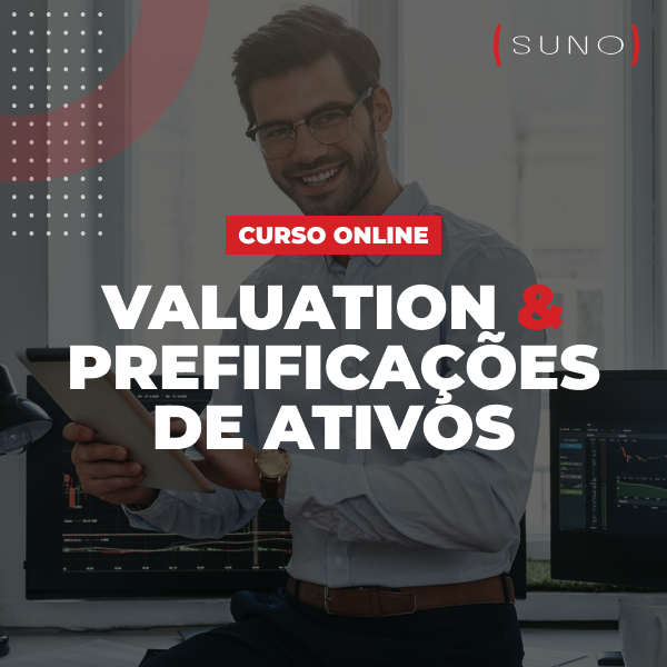 Curso de Valuation e Precificação de Ativos com elementos visuais de análise financeira, incluindo gráficos, calculadora, computador e livros didáticos de investimentos