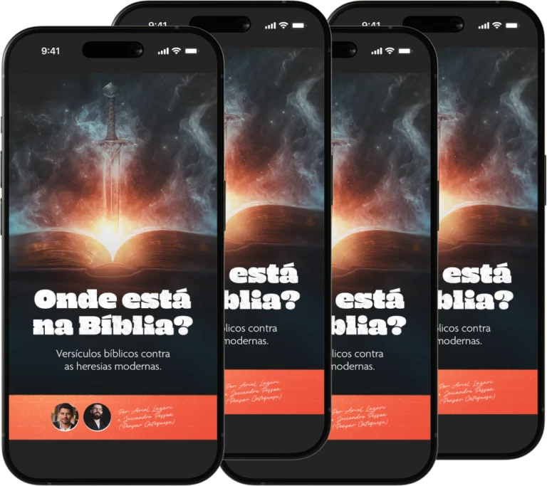 Um livro aberto mostra versículos bíblicos em destaque, enquanto um escudo com a cruz católica e uma espada simbolizam a defesa da fé. A paisagem da Terra Santa com a Cidade de Jerusalém e ruínas arqueológicas está ao fundo. Um sacerdote com roupas tradicionais está em pé, segurando uma Bíblia.