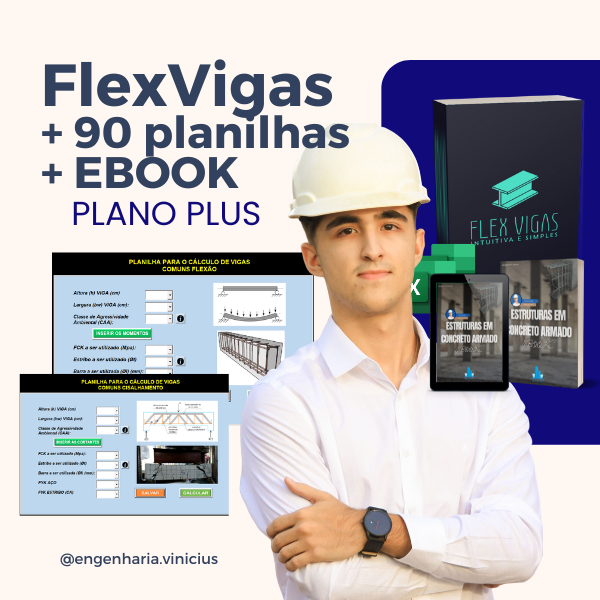 FlexVigas: cálculo rápido de vigas com VBA para estudantes 5 https://cursoss.com.br/produto-4/ Captura de tela da planilha FlexVigas mostrando cálculo automático de vigas de concreto em Excel VBA