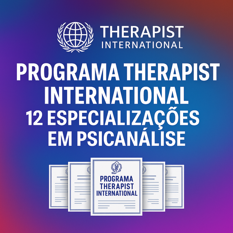 Formação internacional em psicanálise clínica com 12 certificações especializadas, acesso vitalício e título de psicanalista especialista destacados em um design moderno