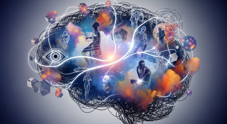 Formação Psicanálise Contemporânea: Combinação de teoria clássica, prática clínica digital e espiritualidade com elementos como livros, cérebro e lótus em um ambiente moderno.