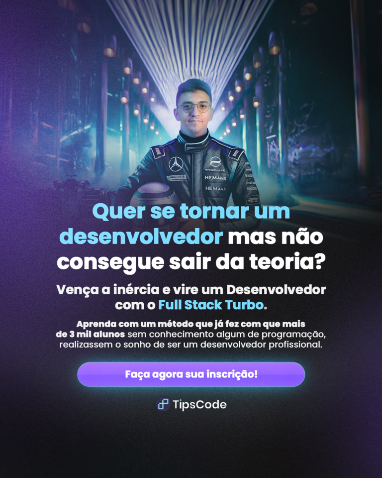Imagem promocional do curso Full Stack Turbo 2.0 com ícones de React, Node.js e 30 projetos práticos sobre fundo tech