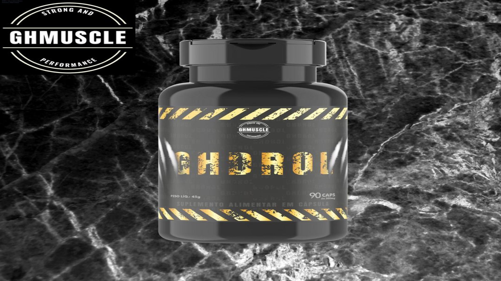 Homem com corpo musculoso segurando um frasco de GHDROL, sorrindo com confiança.