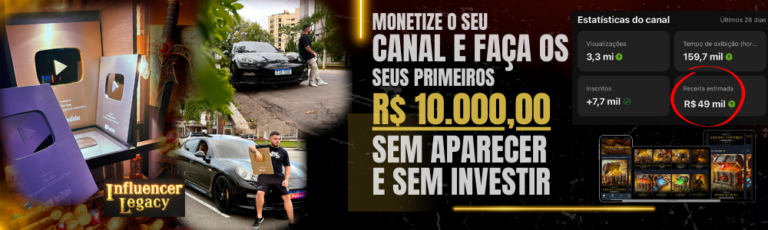 Jovem criador de conteúdo com computador, exibindo estatísticas do YouTube e elementos de dinheiro, representando o curso Tio San: Influencer Milionário LEGACY