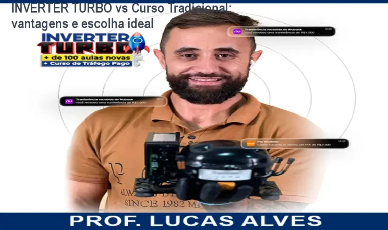 Imagem do curso INVERTER TURBO + TRÁFEGO PAGO mostrando aulas práticas de manutenção de refrigeradores e estratégias de tráfego pago