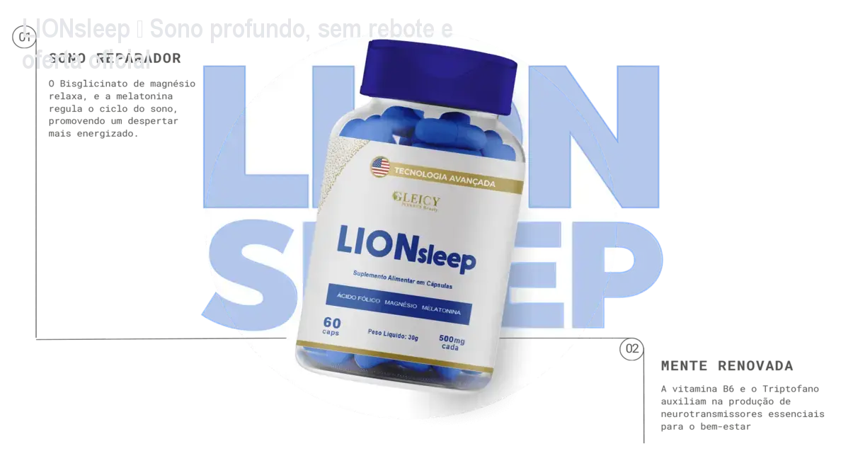 Frasco de LIONsleep ao lado da cama, mostrando cápsulas que promovem sono profundo e despertar revigorado