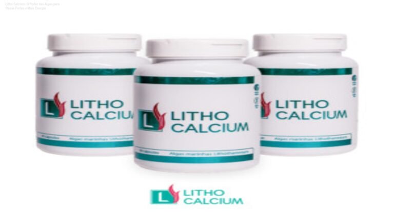 Frasco de Litho Calcium ao lado de cápsulas, mostrando saúde óssea e energia