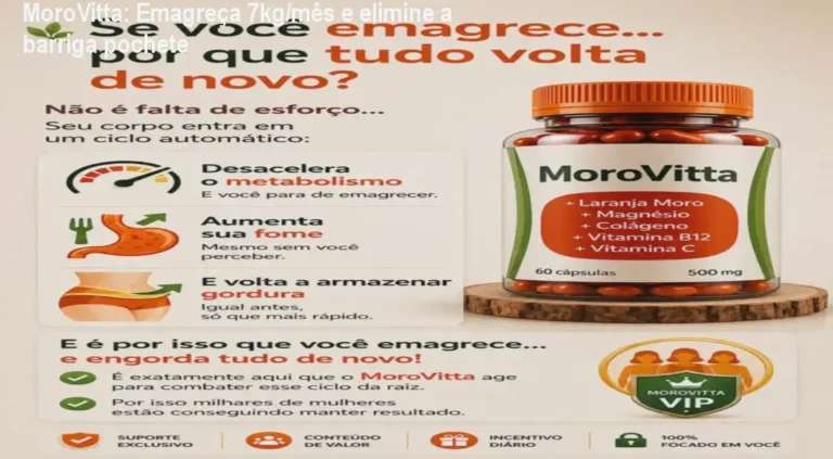 Frasco de MoroVitta ao lado de cápsulas, mostrando antes e depois da barriga plana