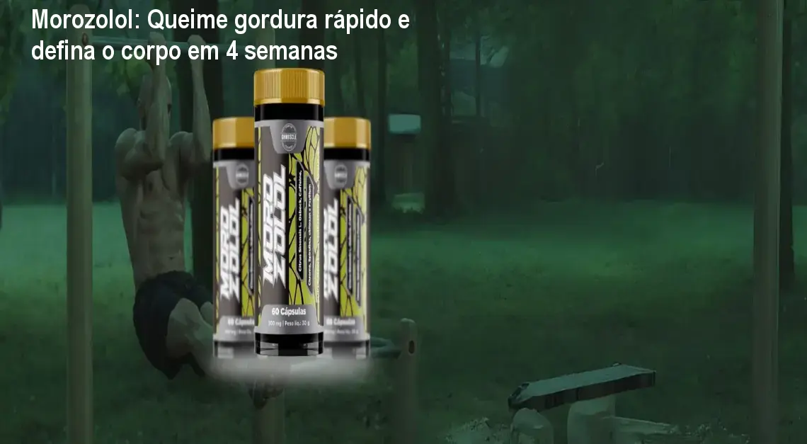 Frasco de Morozolol ao lado de cápsulas, mostrando efeito termogênico para queima rápida de gordura