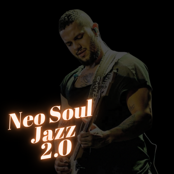 Guitarrista de Neo Soul tocando acordes tensionados em um estúdio com luzes cálidas, representando o curso Neo Soul Jazz 2.0 de Leandro Wesley.