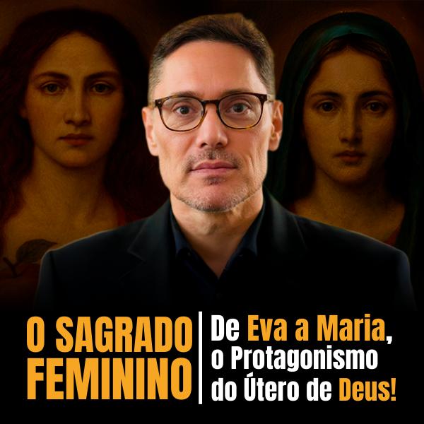 Mulher católica segurando Bíblia e símbolos do útero divino, rodeada por figuras bíblicas femininas e elementos simbólicos de espiritualidade feminina sagrada