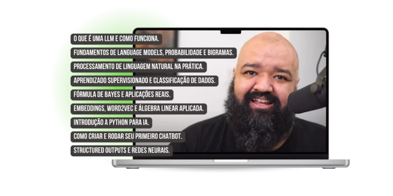Caio Gomes ensinando IA avançada no curso 'O Senhor das LLMs', com visualização de LLMs, códigos e ferramentas de RAG em tela de computador