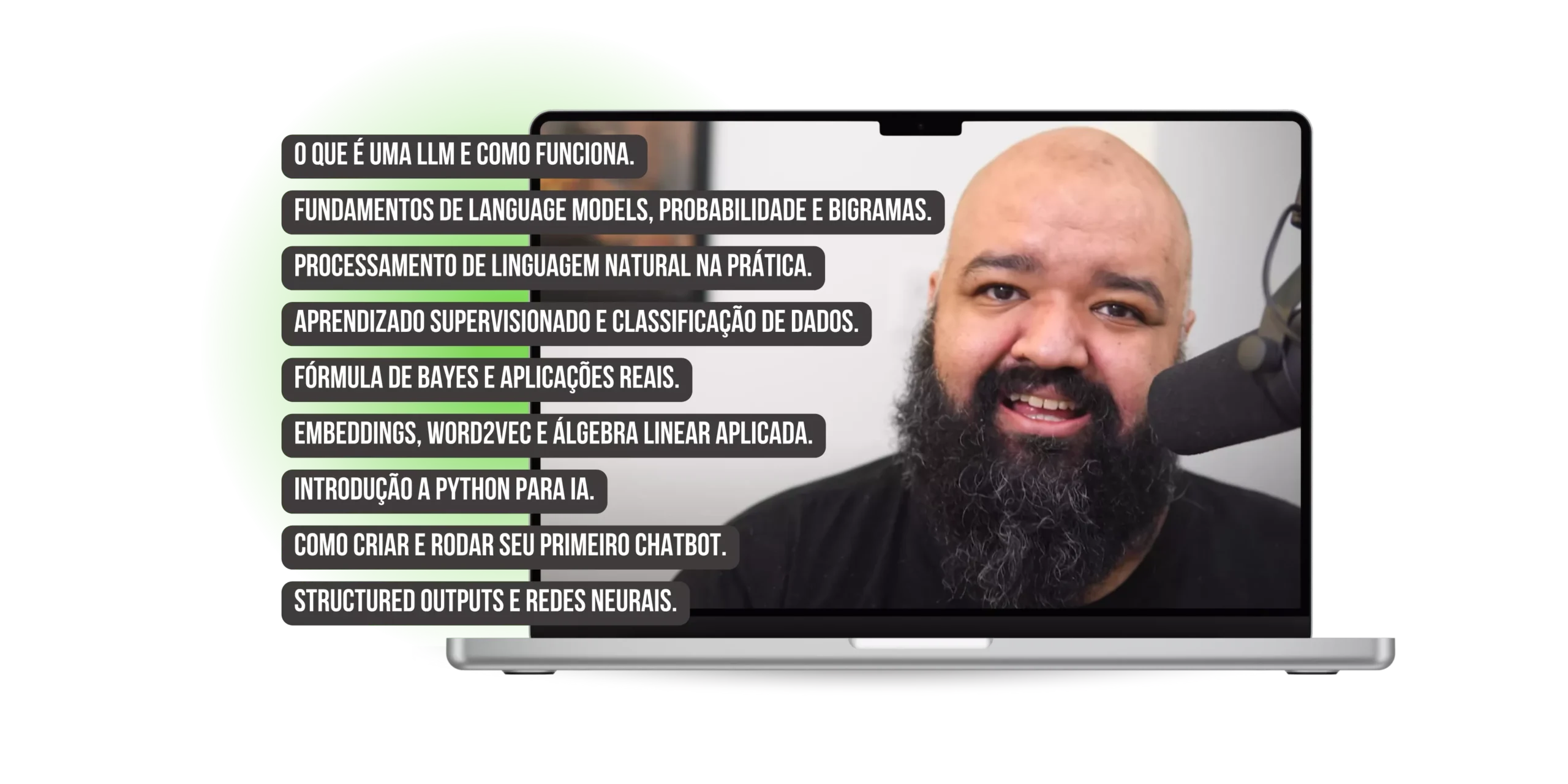 Caio Gomes ensinando IA avançada no curso 'O Senhor das LLMs', com visualização de LLMs, códigos e ferramentas de RAG em tela de computador