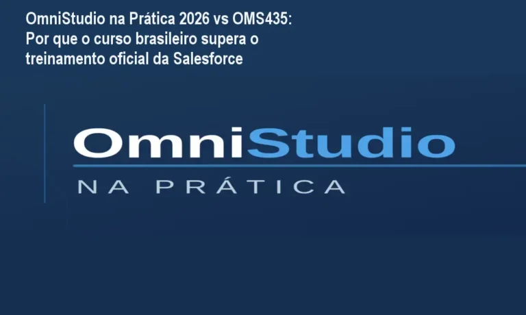 Comparativo visual entre OmniStudio na Prática 2026 e o treinamento oficial OMS435, destacando preço, carga horária e suporte