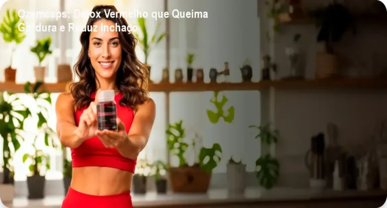 Frasco de Ozemcaps detox vermelho mostrando cápsulas naturais para queimar gordura e reduzir inchaço