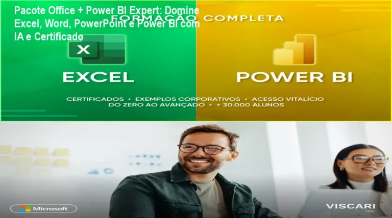 Pacote Office + Power BI Expert: Domine Excel, Word, PowerPoint e Power BI com IA e Certificado 7 https://cursoss.com.br/comece-ano-forte-2026-mentor-damasio/ Estudante usando o curso Pacote Office + Power BI Expert para criar dashboards automáticos com IA