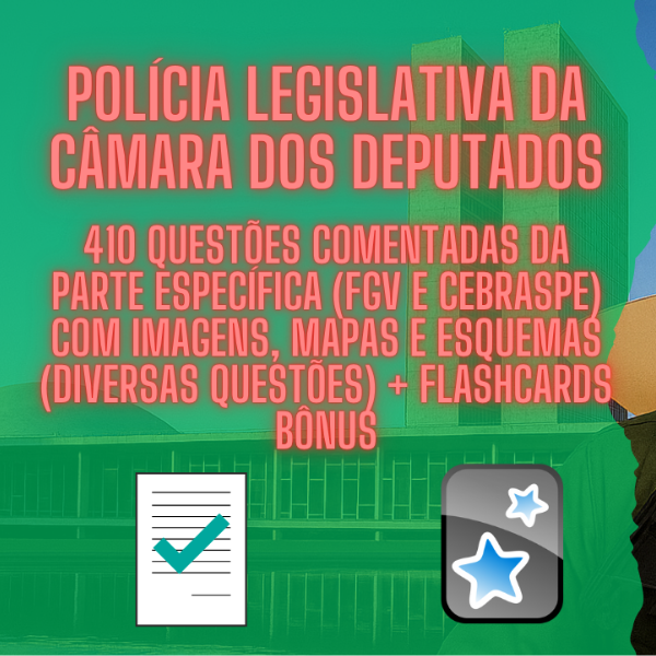 Capa de livro com 410 questões comentadas para Policial Legislativo, incluindo flashcards, imagens e esquemas, e integração com o app Anki.