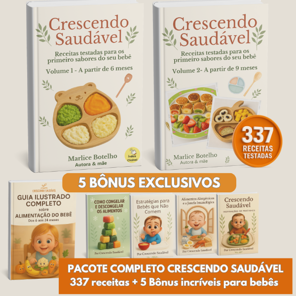 Ebook de receitas para bebês com base científica, ilustrado por uma mãe especialista, mostrando como preparar refeições saudáveis e atraentes para crianças.