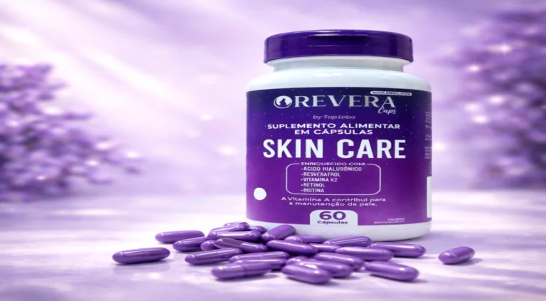 Frasco de Revera Serum ao lado de cápsulas Revera Caps, mostrando pele hidratada e rejuvenescida
