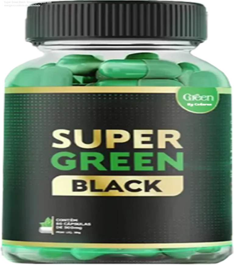 Frasco de Super Green Black com cápsulas, mostrando benefício de queima de gordura e mais energia