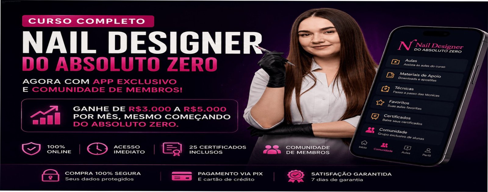 Tela do aplicativo da Escola de Unhas mostrando o cronograma de aulas do Nail Designer Pro 4.0 em prática