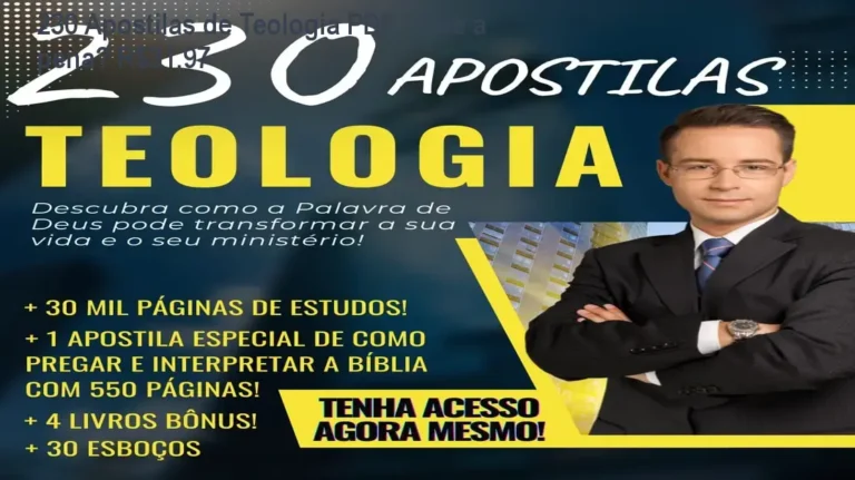 Capa das 230 apostilas de Teologia em PDF mostrando bônus e brindes inclusos