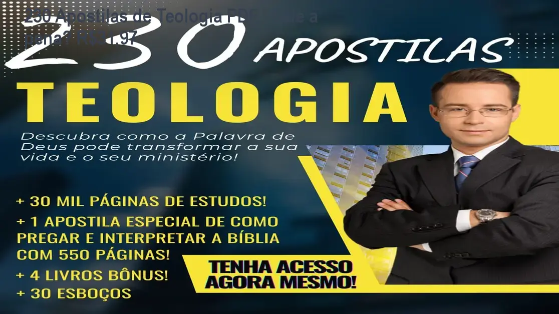 Capa das 230 apostilas de Teologia em PDF mostrando bônus e brindes inclusos