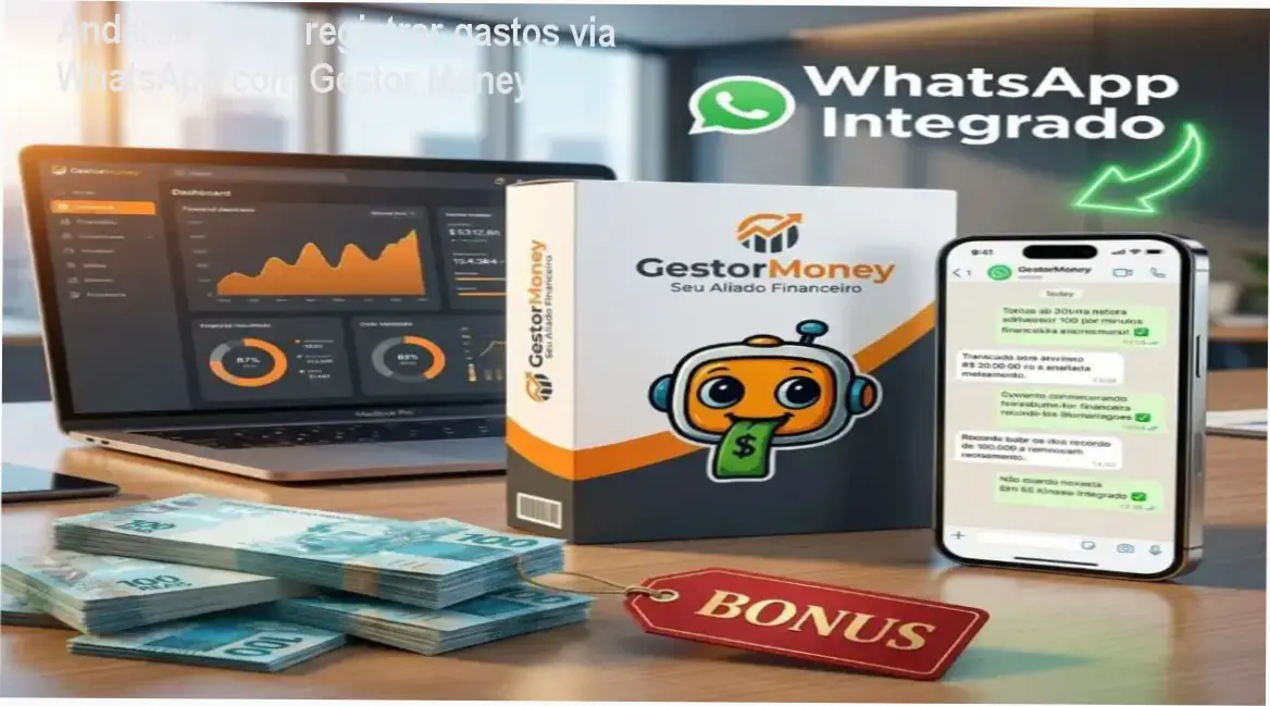 Tela do Gestor Money mostrando registro de despesas via mensagem no WhatsApp