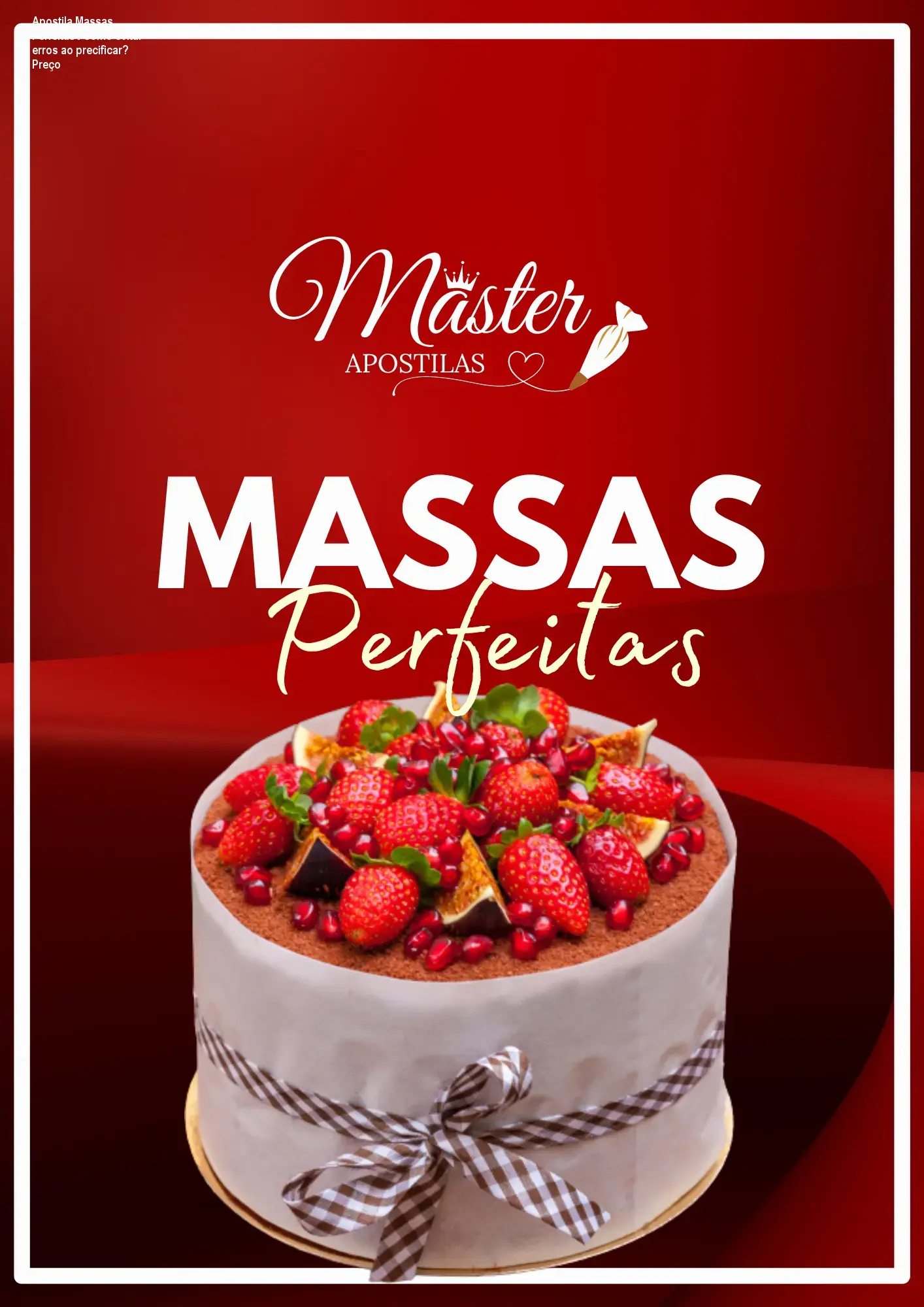 Capa da Apostila Massas Perfeitas mostrando receitas de massas de bolo e destaque de preço promocional