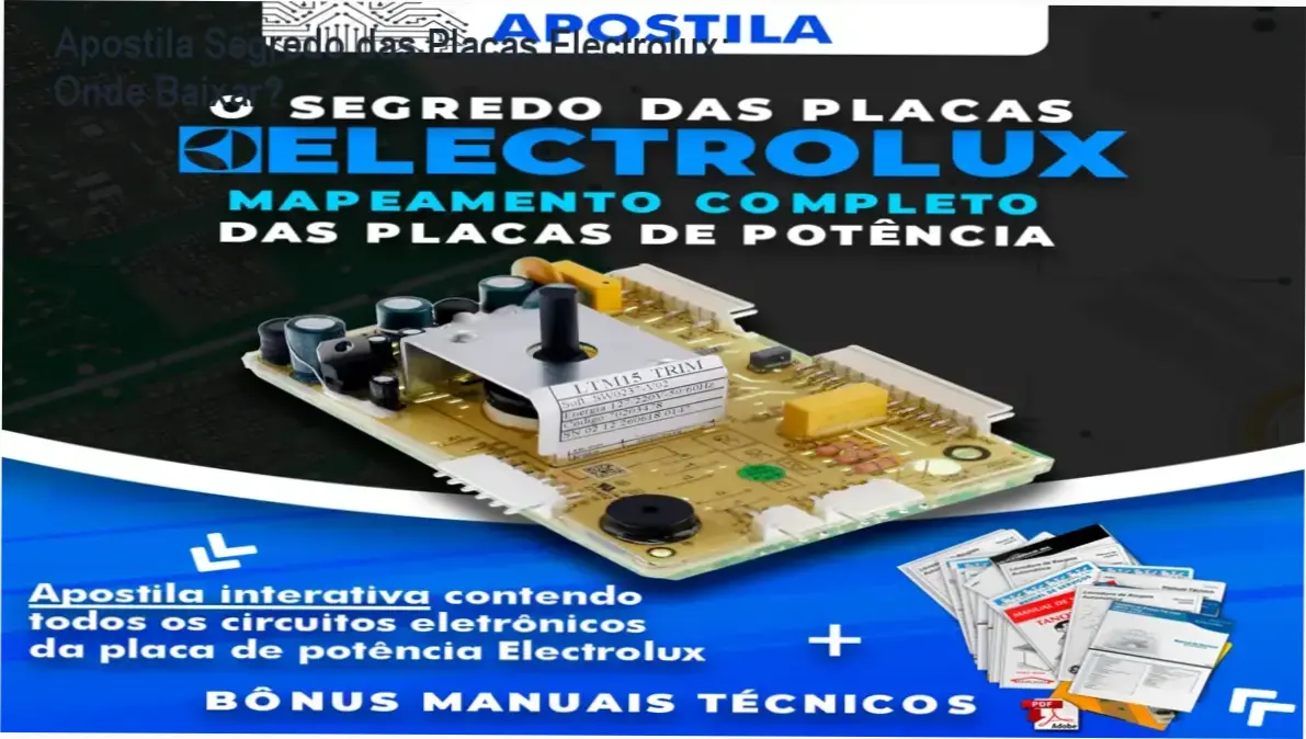 Capa da Apostila Segredo das Placas Electrolux mostrando esquema de circuito eletrônico