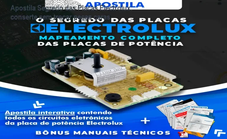 Apostila Segredo das Placas Electrolux: conserte sem trocar peças caras 6 https://cursoss.com.br/celular-vfx-viral-autor-produtor-adrian-sacomani/ Capa da Apostila Segredo das Placas Electrolux mostrando diagramas de circuitos eletrônicos